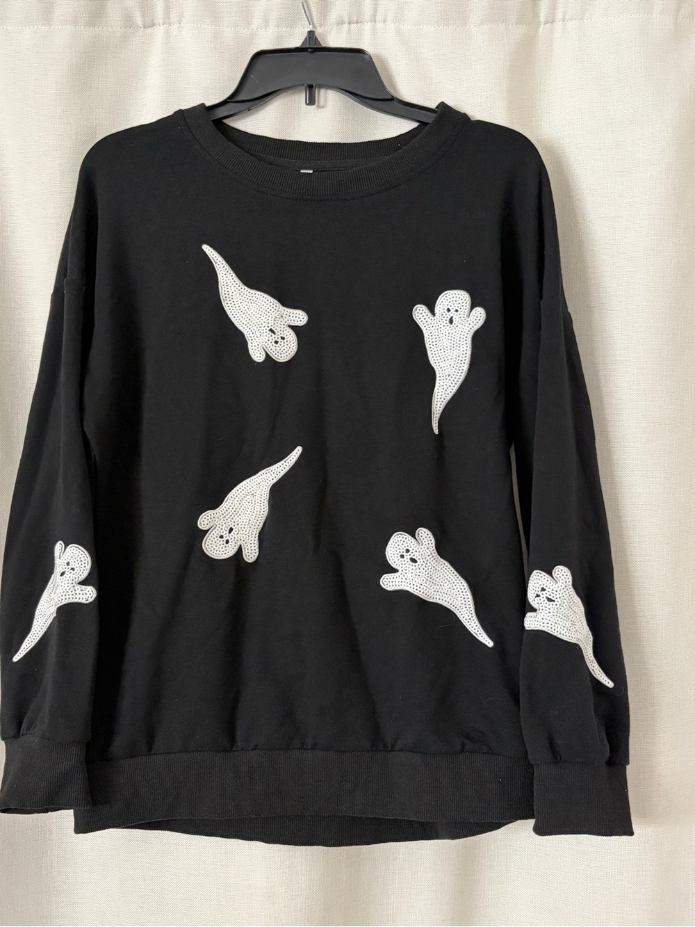 Black Crewneck Halloween Sweater with White Ghost Appliqués